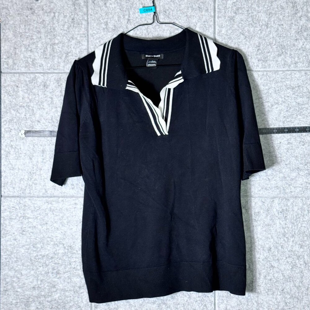 Select Trend Black Womens Top with White Striped Collar Size L Rayon Blend